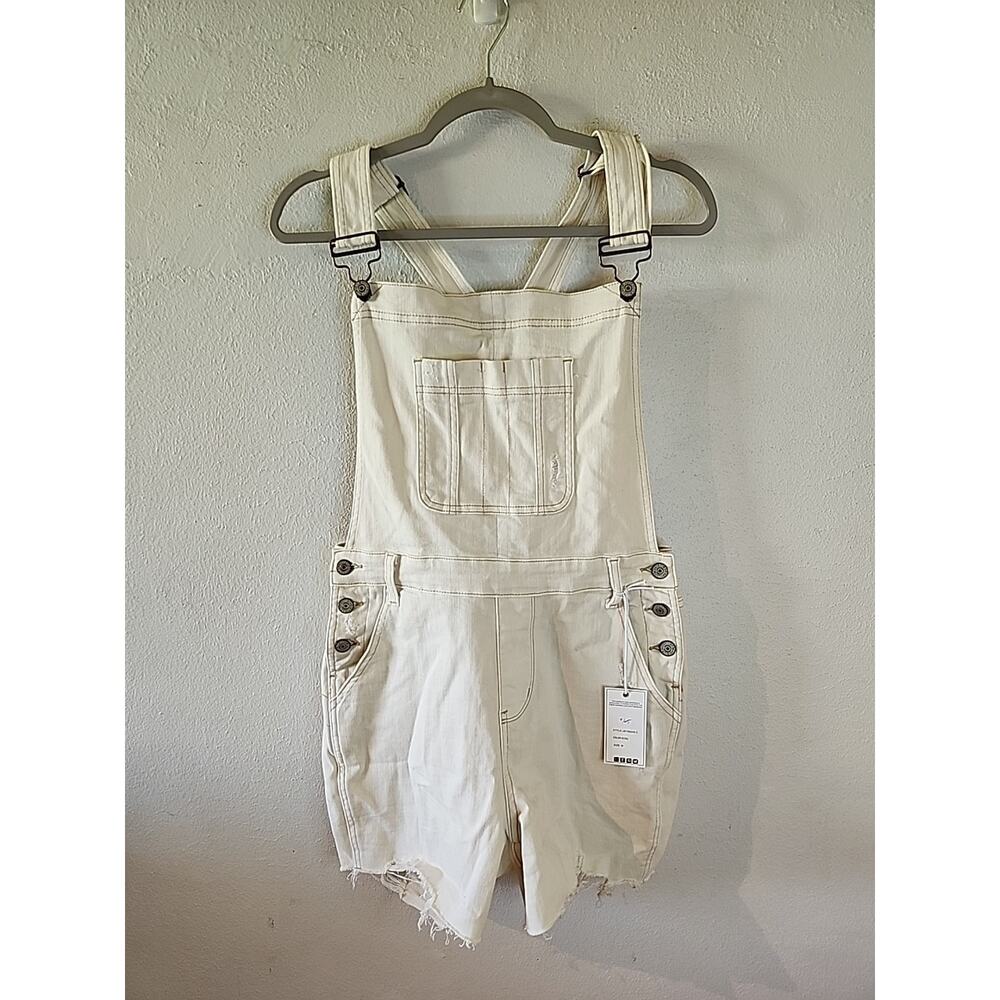 Judy Blue Cream-White Denim Short Overalls with Raw Hem